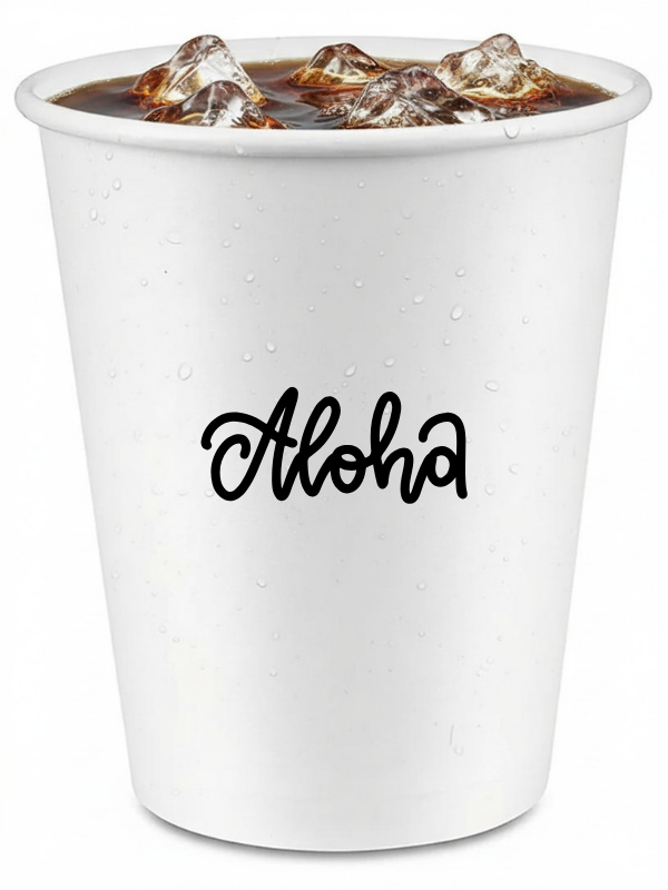 Aloha branded cold paper cup with iced coffee