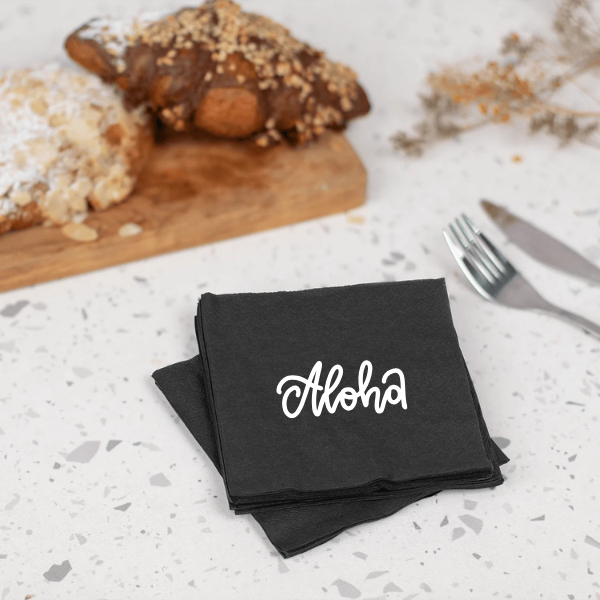 Black custom printed Aloha napkin stack