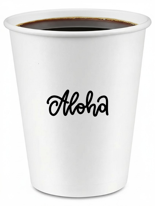 Aloha branded hot paper cup with coffee