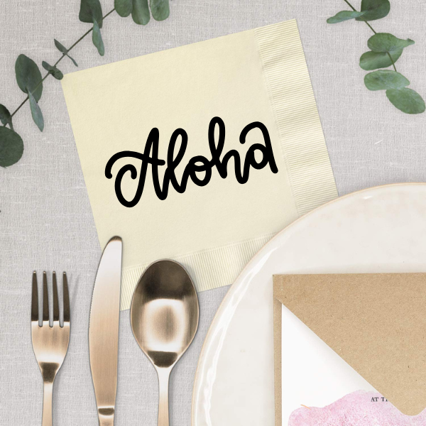 Ivory custom printed Aloha napkin at place setting