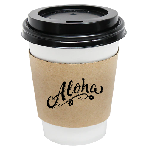 Aloha branded custom printed kraft cup sleeve on hot coffee cup
